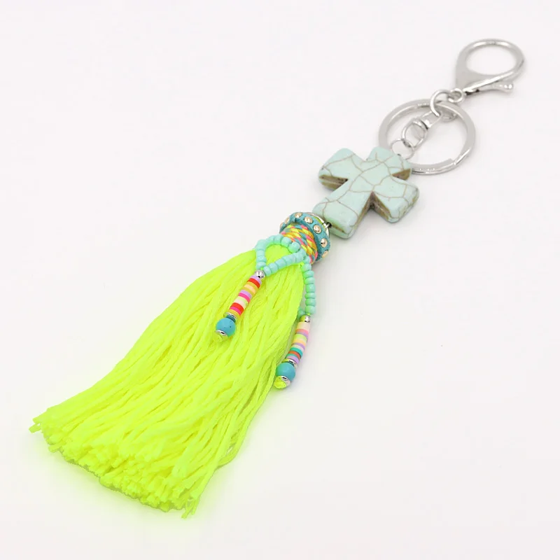 Big Tassel Keychain Boho Handmade Jewelry Stone Pineapple Cross Pendant Women Bag Accessories Car Hanging Gifts