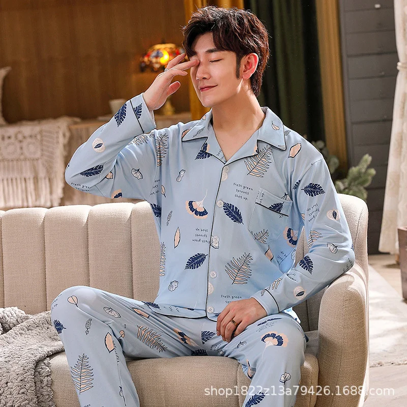 Men\'s Pajamas Long-sleeved Cardigan Print Pyjamas Sleepwear Set Home Wear Men Nightwear Pijamas Sleep Tops