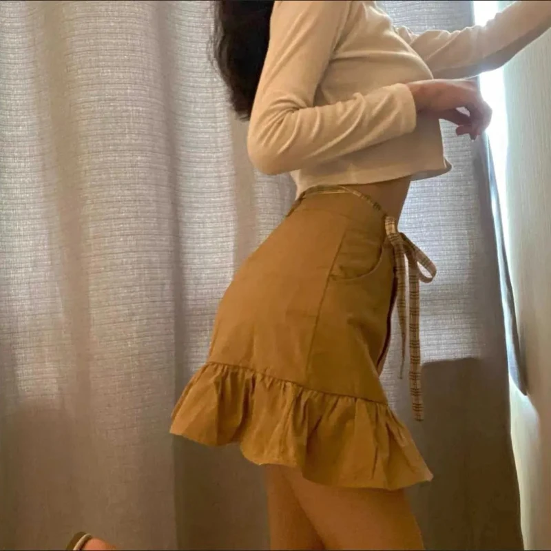 New Fashion Solid Skirt Women 2025 Casual Spring/Summer Khaki A-line Scallop Skirts Girl