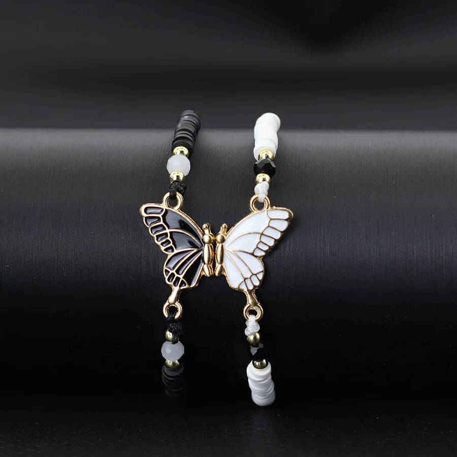 2Pcs Braided Rope Women Bracelet Small Beads Splicing Magnetic Butterfly Girl Friendship Couple Braclet for Bestie Adjustable