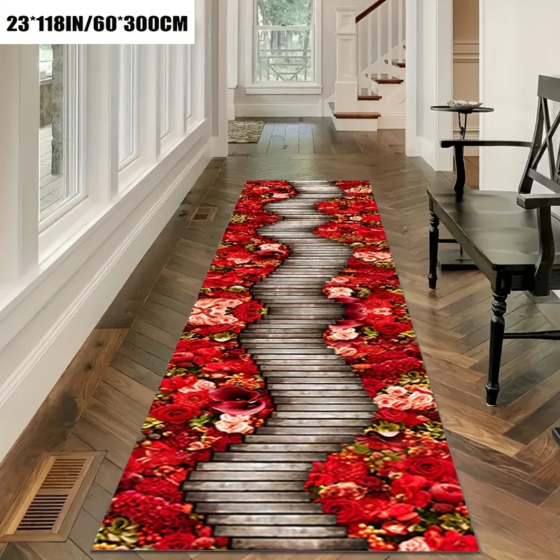 Wood Floral Runner Mat Anti Slip Water Absorbent Red Rose Calla Path Decor Print Carpet for Kitchen Bedroom Bathroom Floor