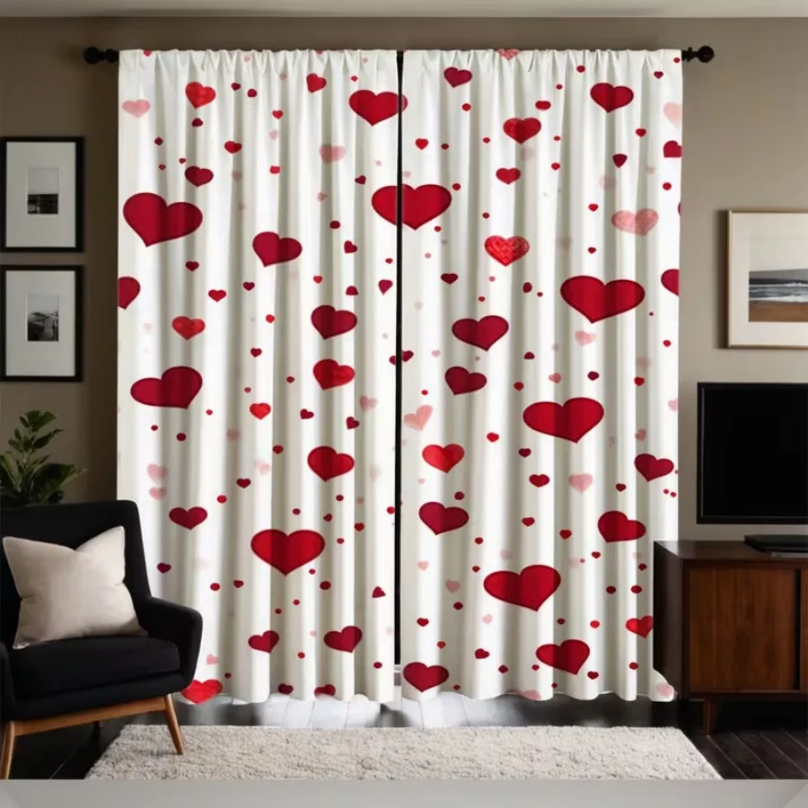 2 PCS Romantic Heart Curtains, Valentine Day Style Window Drapes for Living Room Bedroom Home Decor Polyester Rod Pocket Design