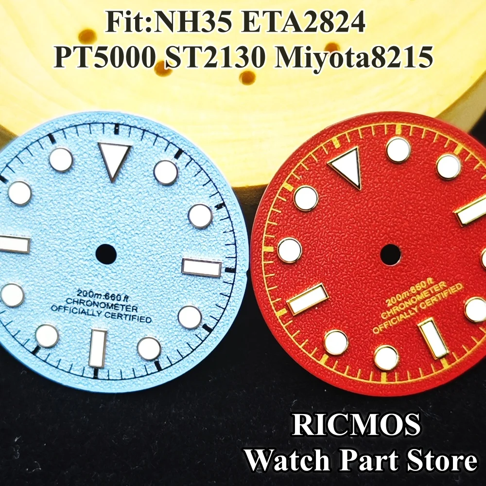 28.5mm NH35 Spark Pattern Watch Dial - Blue Red Green Luminous - Compatible with NH35 ETA2824 ST2130 PT5000 Miyota8215 Movements