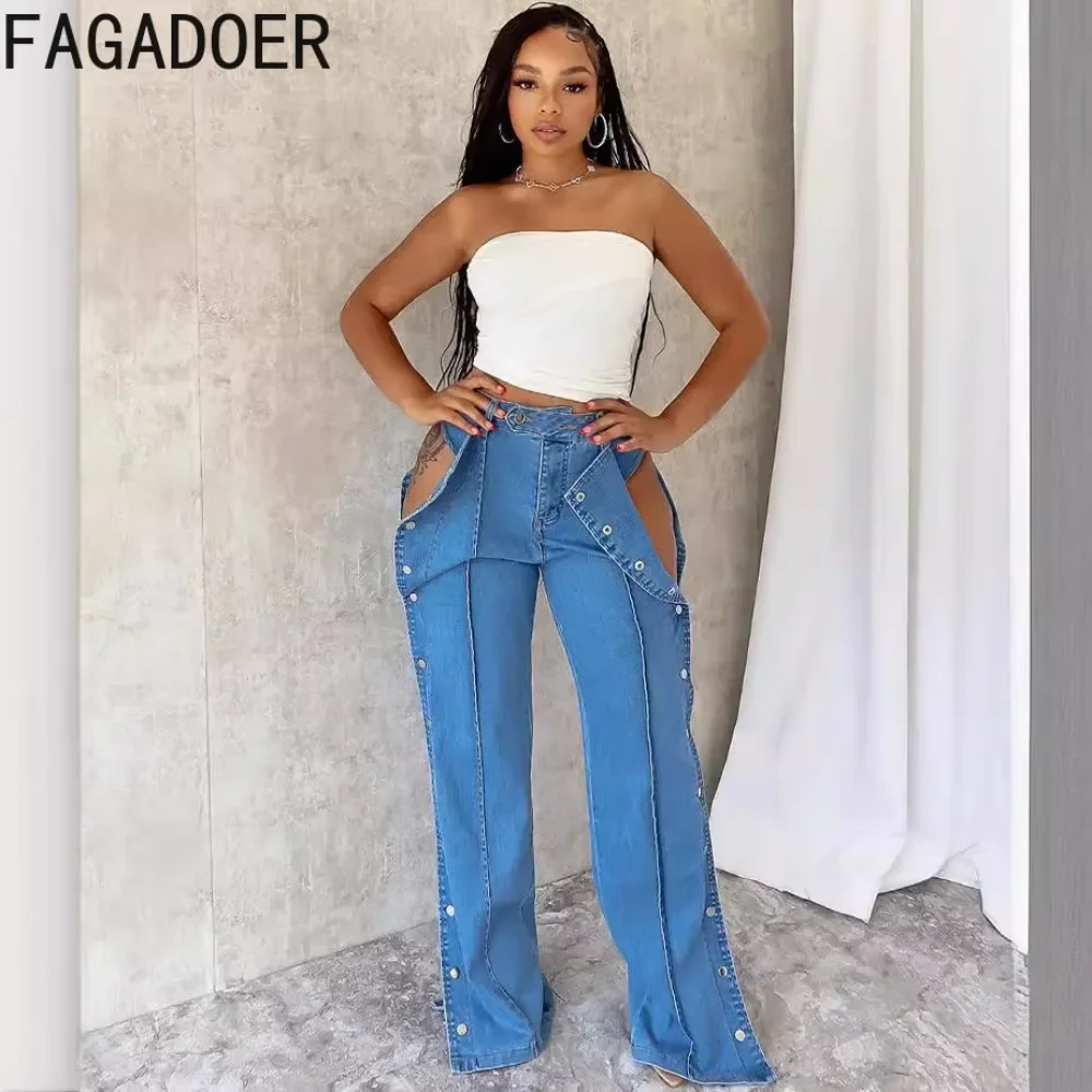 FAGADOER Fashion Hollow Out Denim Pants Women Double Side Buttons High Waist Wide Leg Jeans Pants Hot Girl Streetwear Bottoms