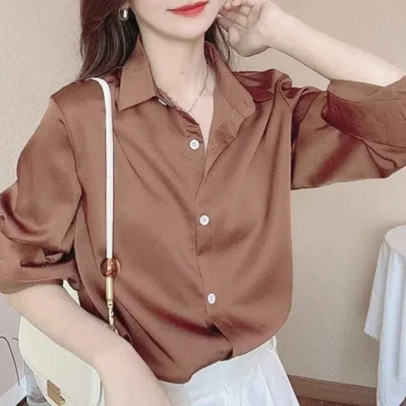 2024 Summer Women\'s Casual Fashion Elegant Commuting Solid Color Button Satin Simulation Silk Port Flavor Long Sleeve Shirt