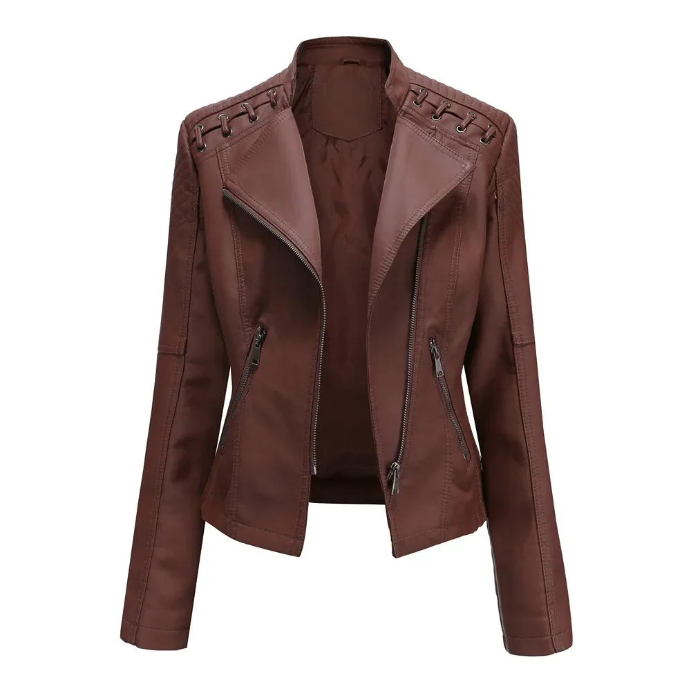 Veste en similicuir pour femme, manteau taille européenne, veste zippée moto motard, violet, café, jaune, rouge, marron, bleu marine, printemps, automne, nouveau, 2023