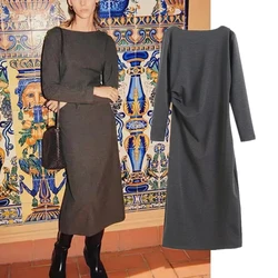 Withered Fashion Ladies French Elegant Grey Dress Pleated Waist Relaxed Commuter Long Sleeve Midi Dress Women