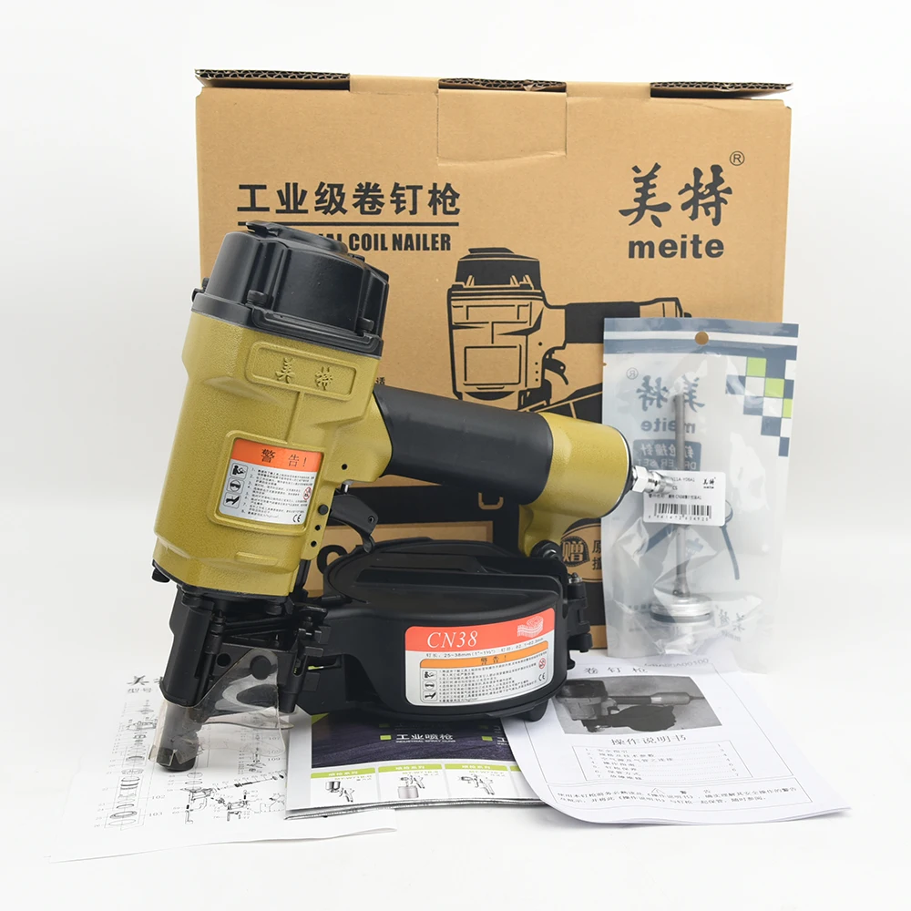 Quality Meite CN38 25mm-38mm Pneumatic Coil Nailer Efficient Roll Nail Gun For Macking Pallet With An Extra Piston Striker