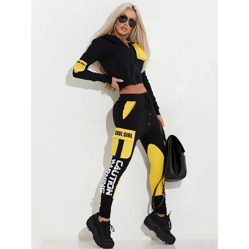

Krismile Black Yellow Sporty Pant Sets Women 2025 Autumn Winter Hooded Zipper Jackets Elastic Waist Pockets Pencil Pants 88514