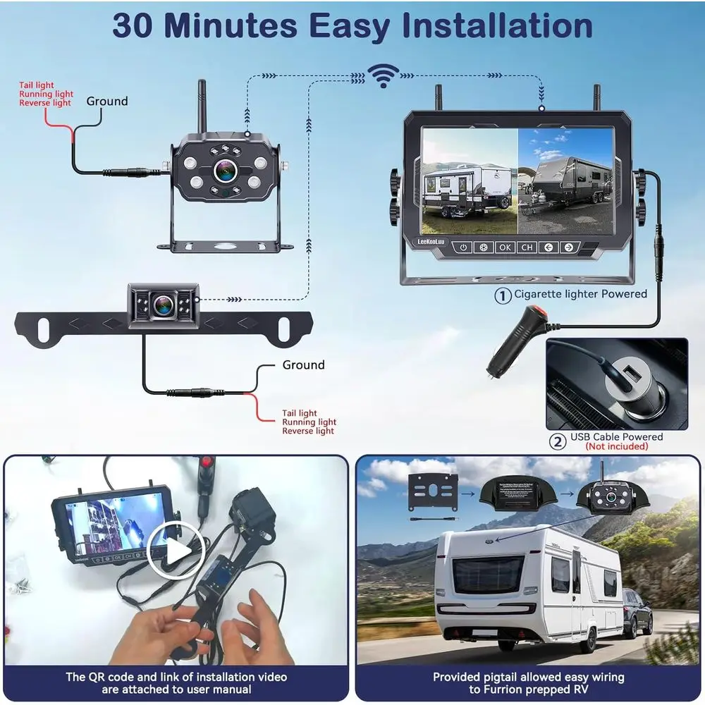 Dual RV Backup Cameras Wireless - Ease Install Plug-Play Recording HD 1080P 7'' Touch Key Monitor Trailer Truck Rear View Cam Ni