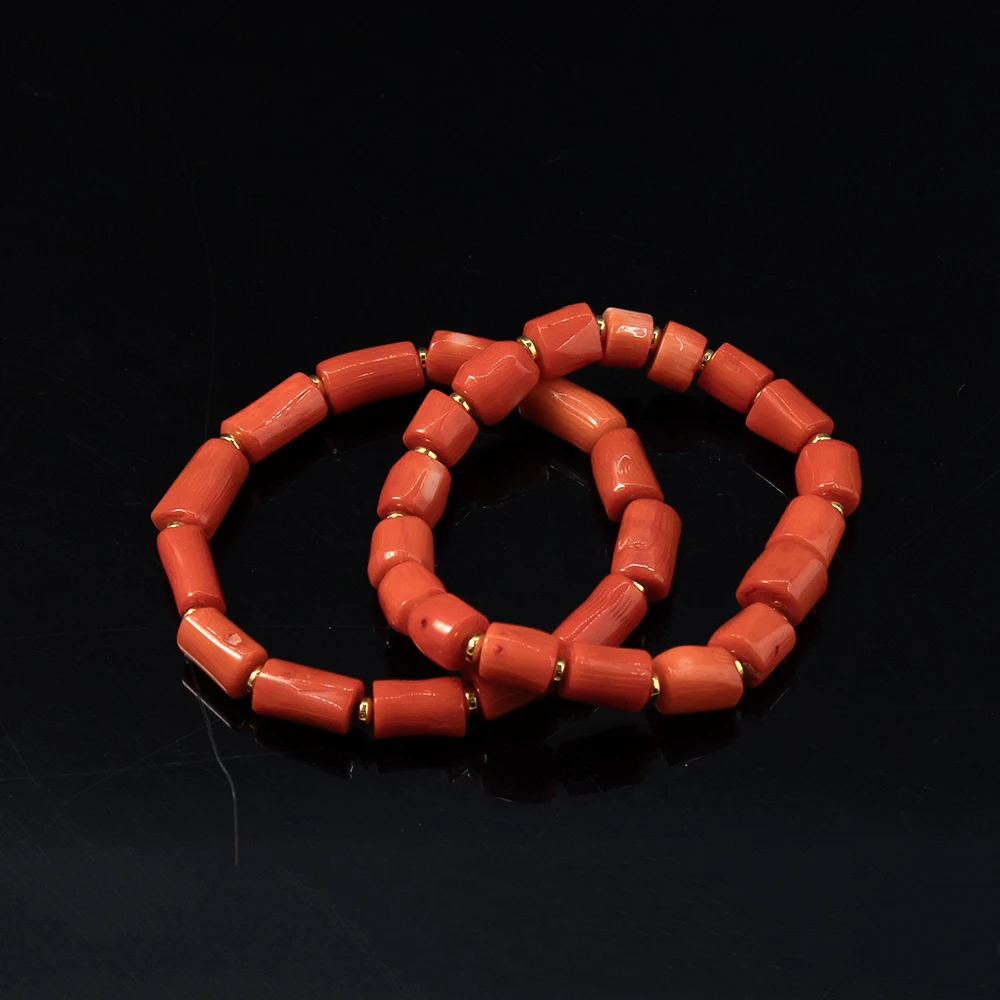 البرتقال المرجان سوار غير النظامية 7x9-13 مللي متر أسطواني المرجان الخرز مع كوبر خزر عازل مجوهرات هدية ارتداء اليومي الرجال المجوهرات #2