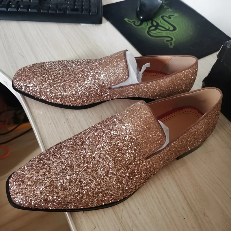 

High Quality Men's Sequins Shoes Fashion Rose-gold Glitter Loafers Casual Shoes Slip On Moccasins Flats Dress Shoes