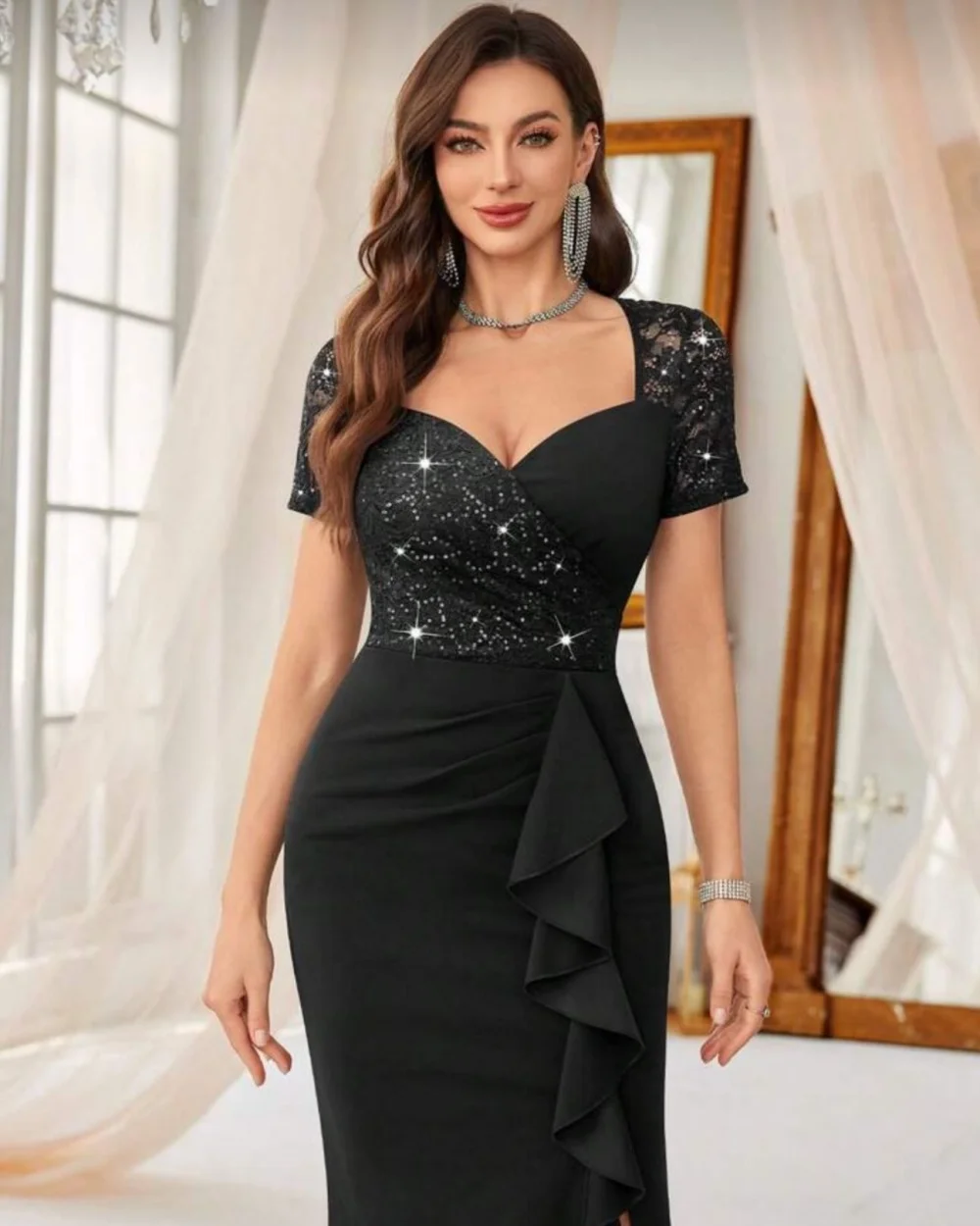 

Customized Elegant Women Jersey Rhinestone Ruched A-line Evening Dresses Formal Square Neck Short Sleeves Knee Length Dresses