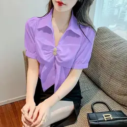 Chiffon Bow Patchwork White Shirt Tops Summer New Short Sleeve Polo Neck Solid Color Sweet Blouse Fashion Elegant Women Clothing