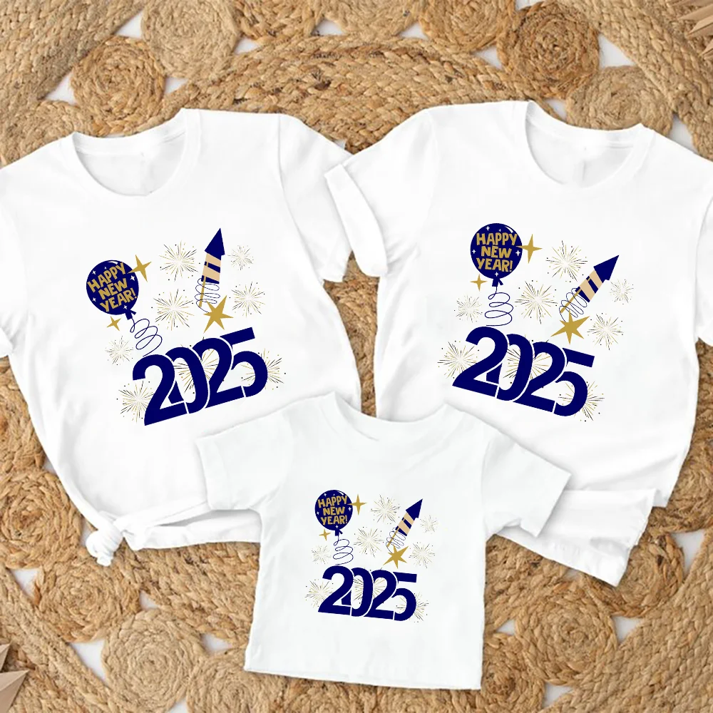 Hello 2025 Happy New Year Family Matching Outfits Dad Mom Kids Shirt Baby Bodysuit Family Clothes New Year Party Family Outfits