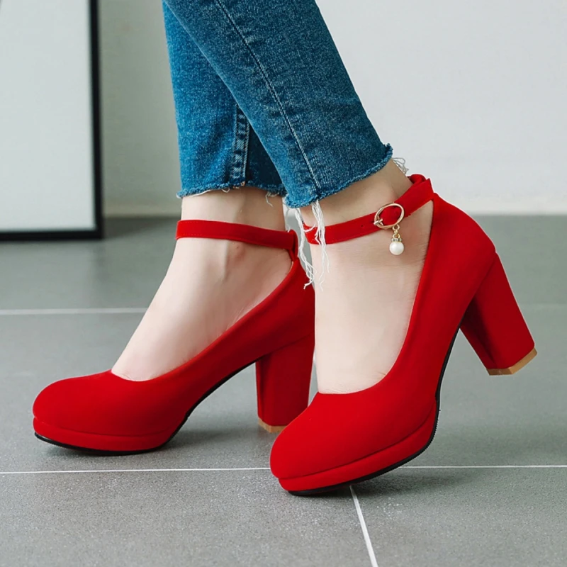

Flock Women's High Heels Pumps Shoes 2025 Fashion Strap Black Red Heeled Party Wedding Office Shoes Female Platform