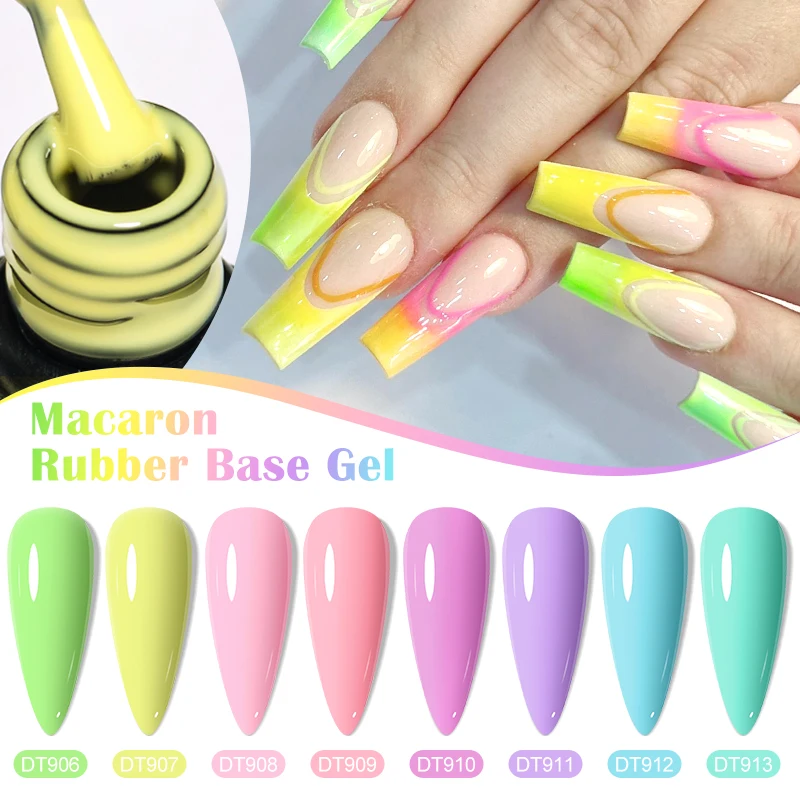 MEET ACROSS 7ml Macaron Borracha Base Gel Semi-Permanente Nail Polish Soak Off Base Top Coat UV LED Gel Vernish Nail Art Manicure