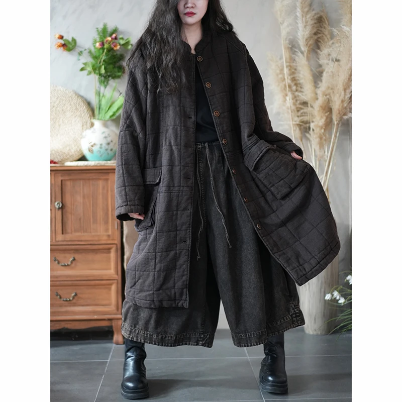 

2025 New Arrival Winter Women Loose Single Breasted O-neck Long Sleeves Cotton Parkas Pocket Patchwork Casual X-long Coats X264