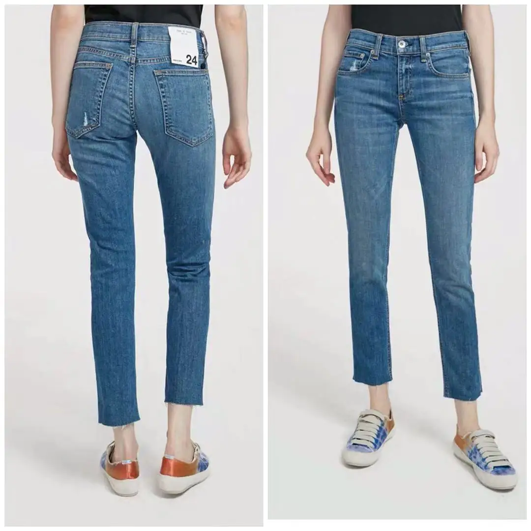 

Autumn New Style Ragbong Deep Blue mid Waist Straight Leg Frayed Nine-Tenths Women's Jeans Cotton Stretch Denim Natural Waist