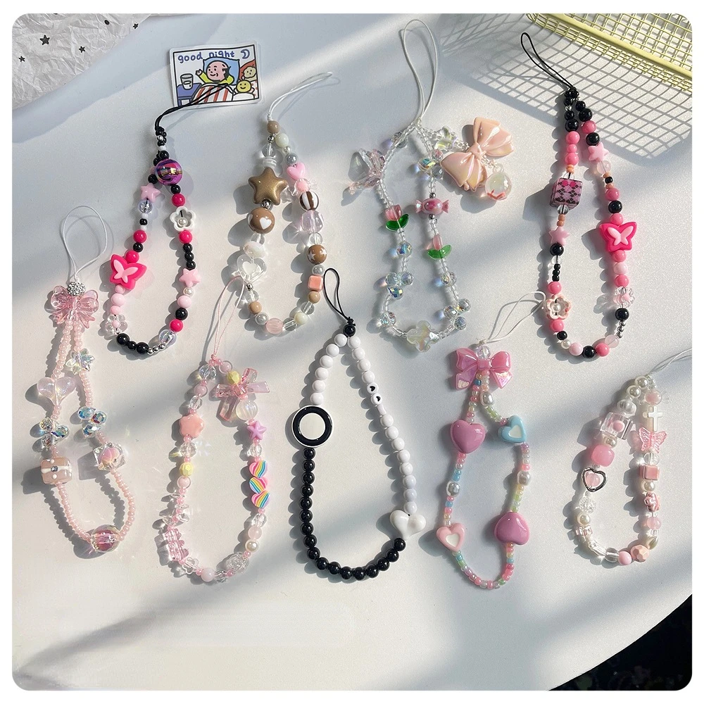 Cute Phone Charms Beaded Strap Cellphone Keychain Bear Butterfly Heart Cool Charm for Bag Keyring Camera Pendants Decor