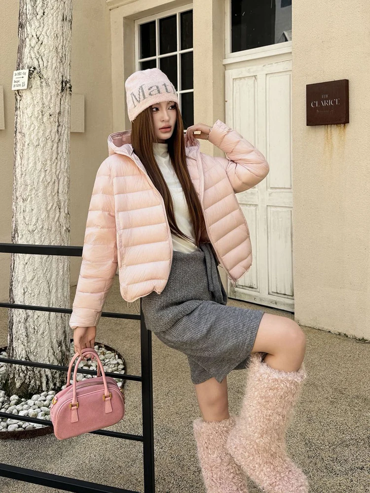 Winter Pork Rib Style Lightweight Hooded Down Jacket Women White Duck Down Waterproof Outwears Female Warm Parker Down Jacket