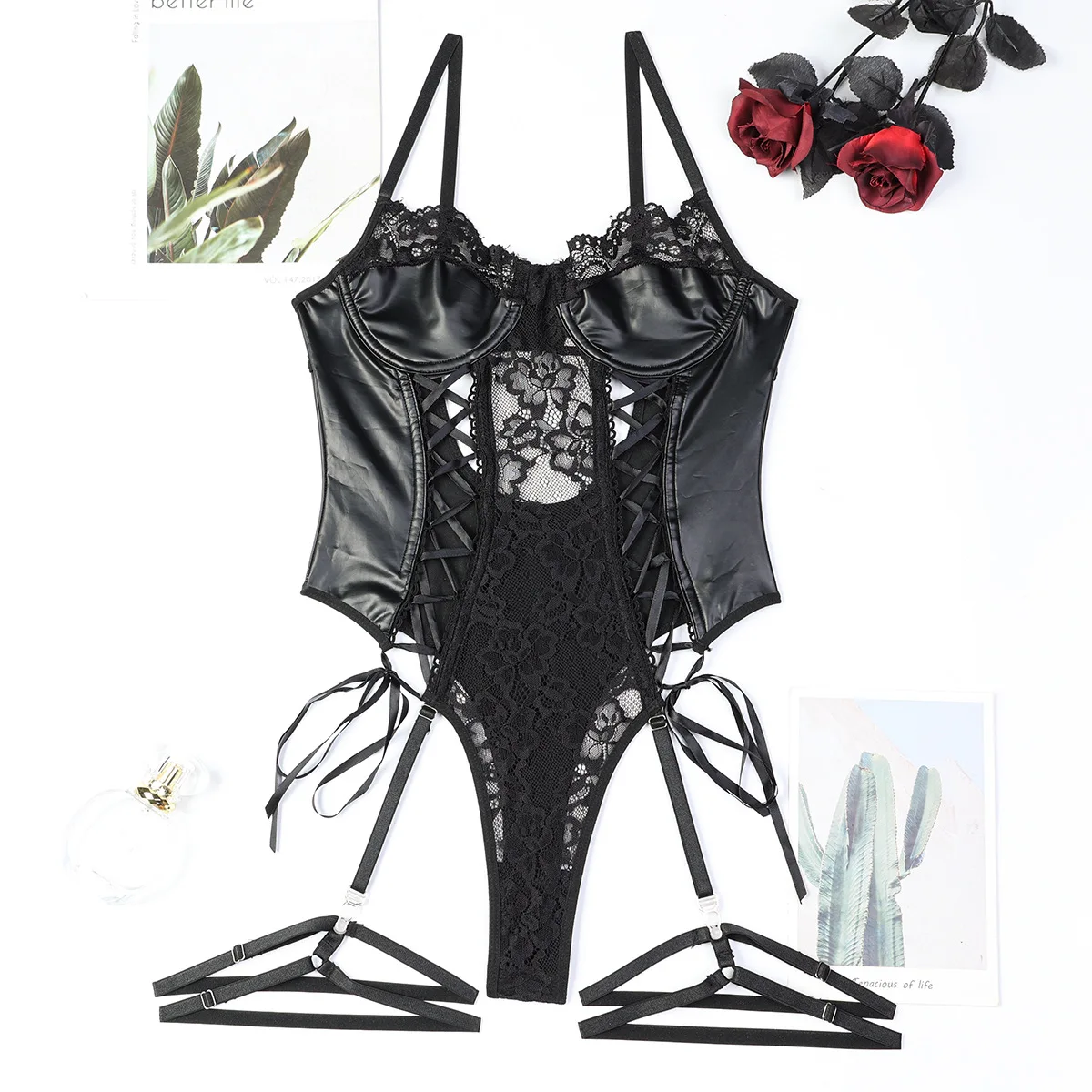مثير مثير منامة شبكة صيد السمك بولي Leather الجلود إغراء قطعة واحدة الملابس الداخلية النساء أنيقة الجسم الأسود الدانتيل يصل الجوف القمم سيدة