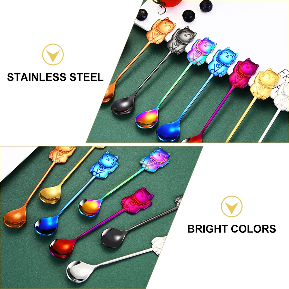 

5pcs Coffee Spoon Stainless Steel Cartoon Teaspoon Lovely Kitchen Supply Adorable Cat Practical Bright Fade Resistant