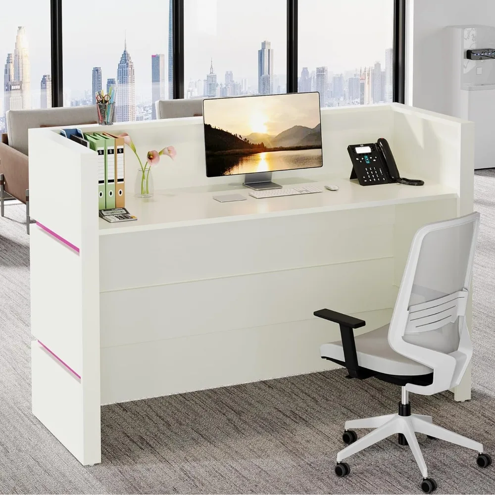 Modern Reception Desk LED Lights, 55.12-Inch Modern Front Desk Reception Counter, Checkout Counter for Reception Room, Lobby