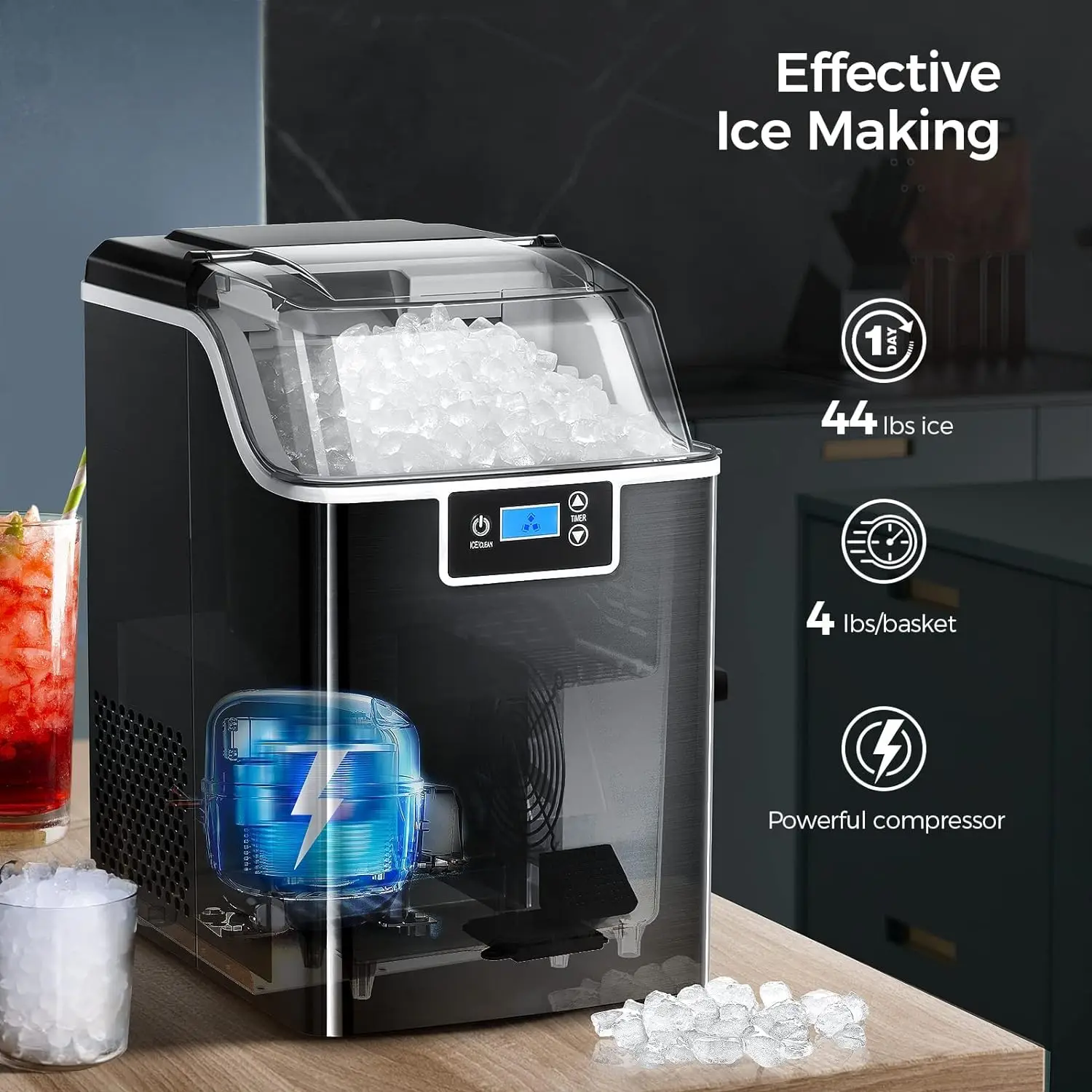 Machine à glaçons avec seau à pépites, glace à granulés douce à mâcher, livres, artériel 45 par jour, minuterie LED 24h, cuillère à glace et panier à glace