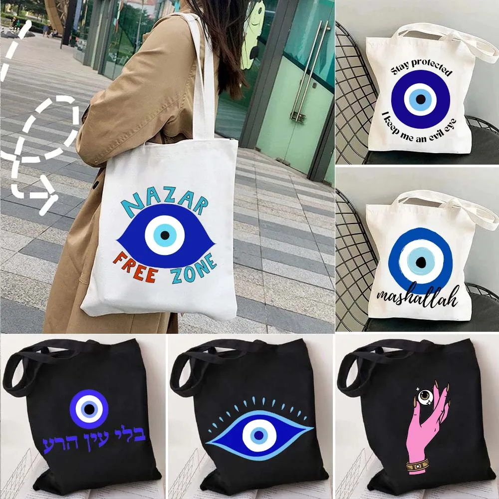 Psychedelic Evil Eye Blue Greek Nazar Rainbow Mandala Shoulder Canvas Tote Bag Large Mashallah Shopping Bags Women Hamsa Handbag