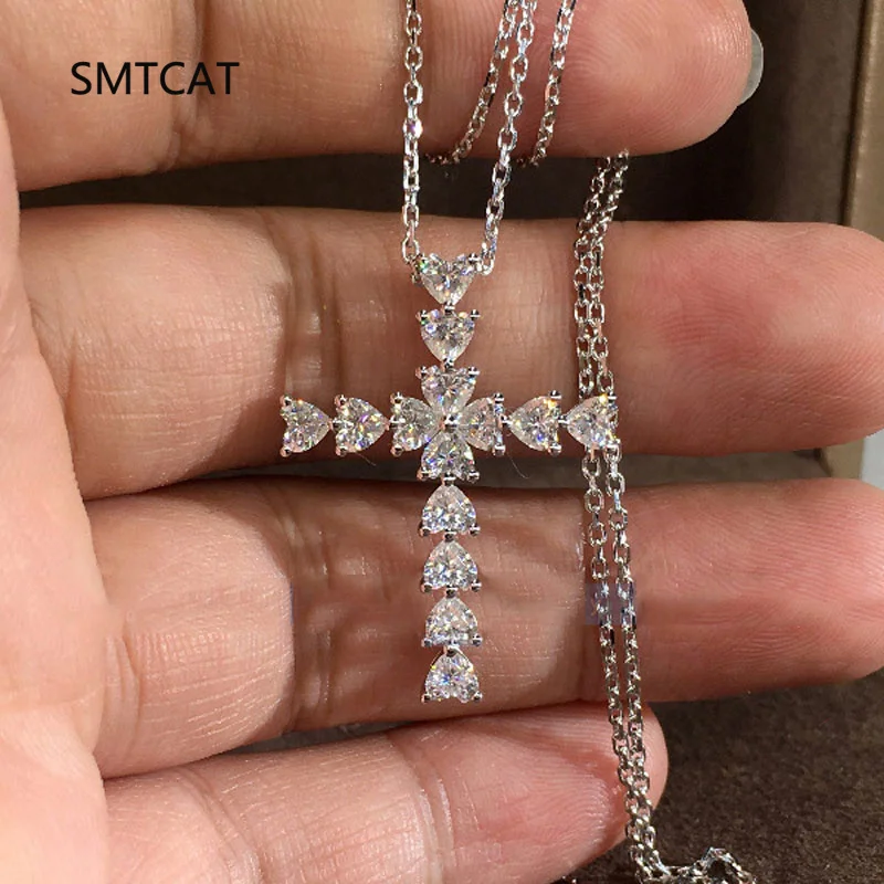 

D Color Heart Full Moissanite Cross Necklace S925 Silver Jesus Pendant Neck Chain for Women Engagement Bridal Fine Jewelry