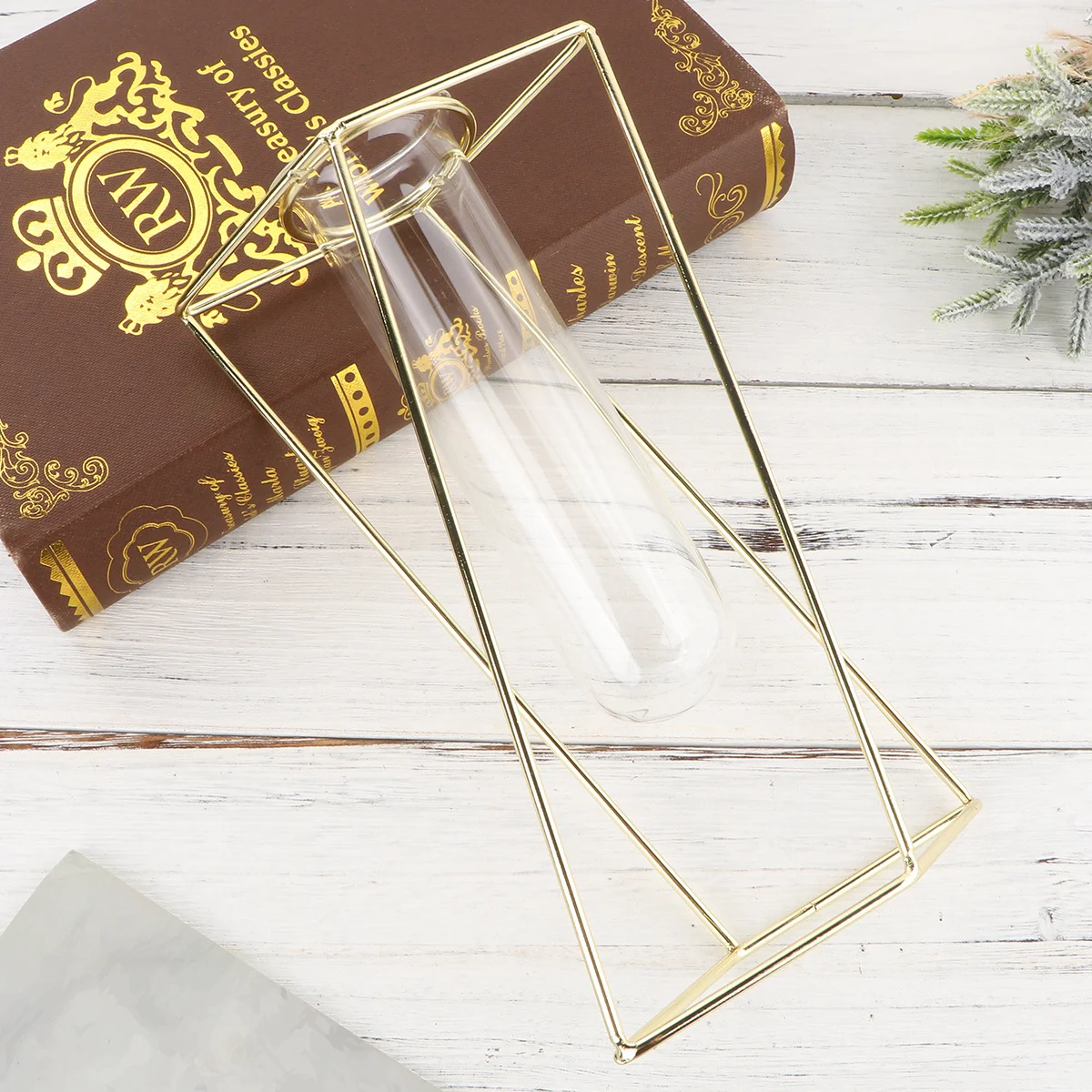 

1pc Iron Tube Vase Golden Long Geometric Flower Planter Home Decor Metal Frame Planter Creative Flower Arrangement