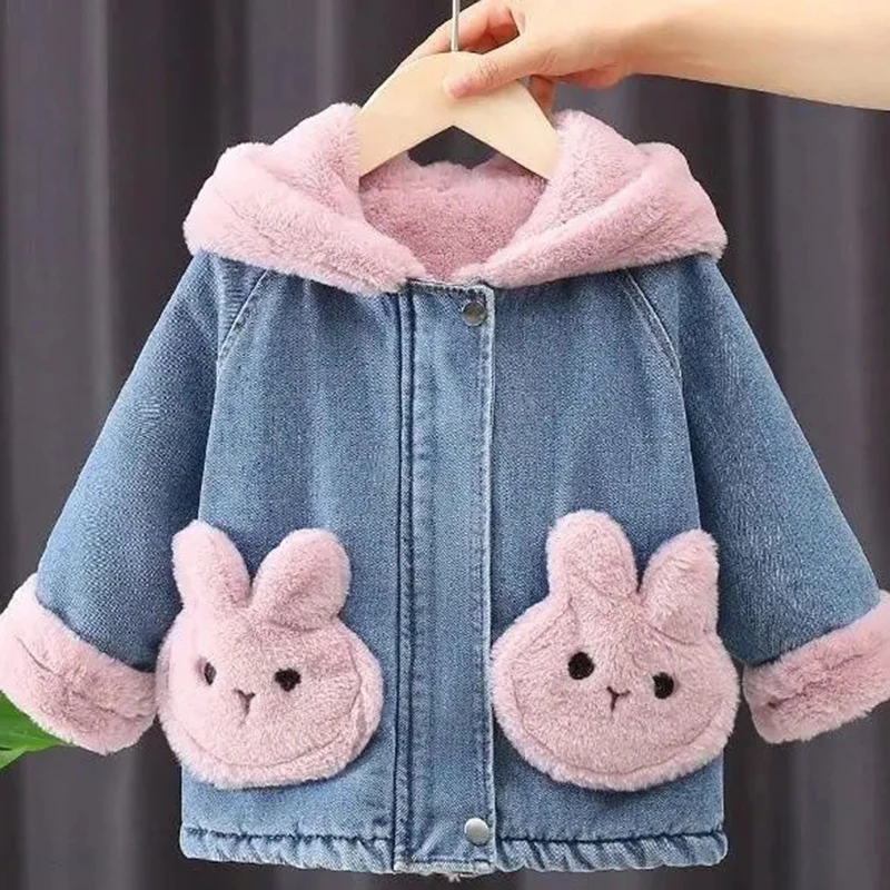 Autumn and Winter New Girl Rabbit Cartoon Cute Plush Thickened Hooded Windproof and Warm Spliced Denim Coat