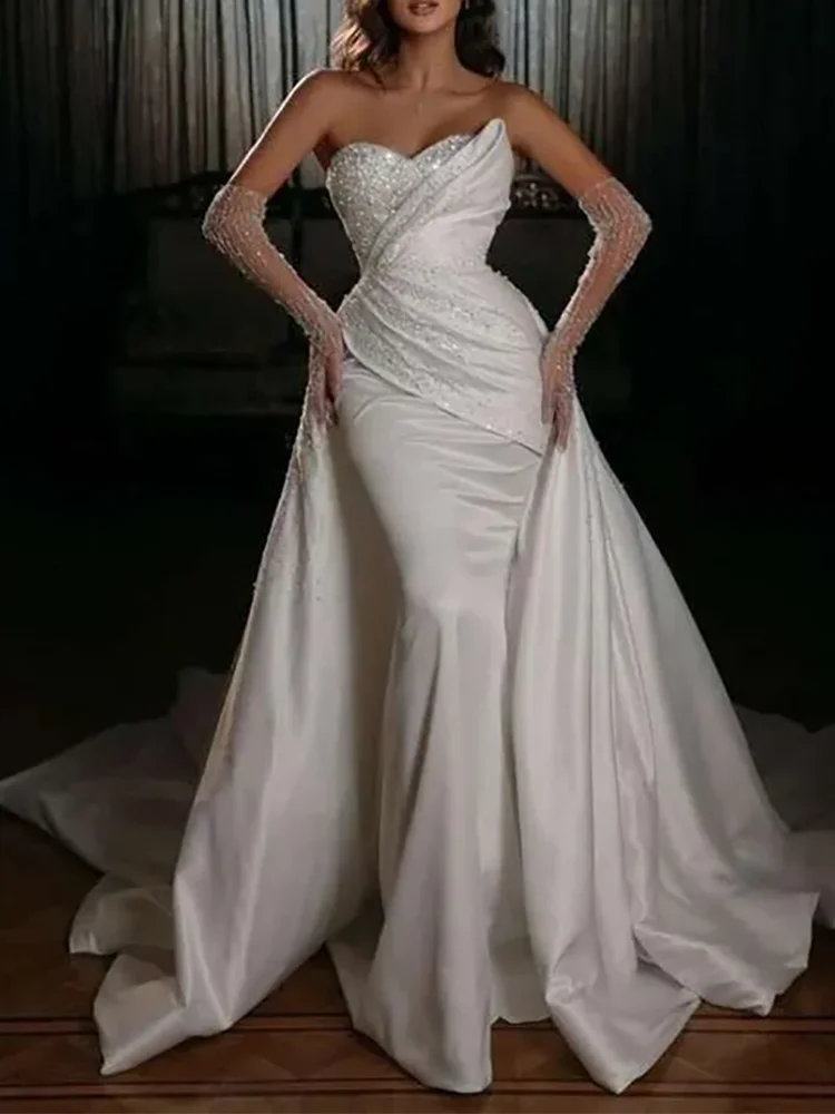 Exquisite Strapless Sparkly Beading Detachable Train Meimaid Bride Wedding Dresses Bridal Gowns  Customized