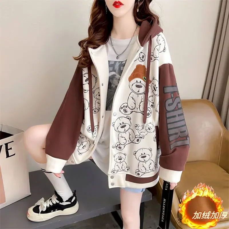 Fashion Zip Up Hoodies Women Casual Loose Hooded Baseball Jacket Autumn Winter Trendy Plush Thicken Hoodie Cute Coat Y2k Clothes