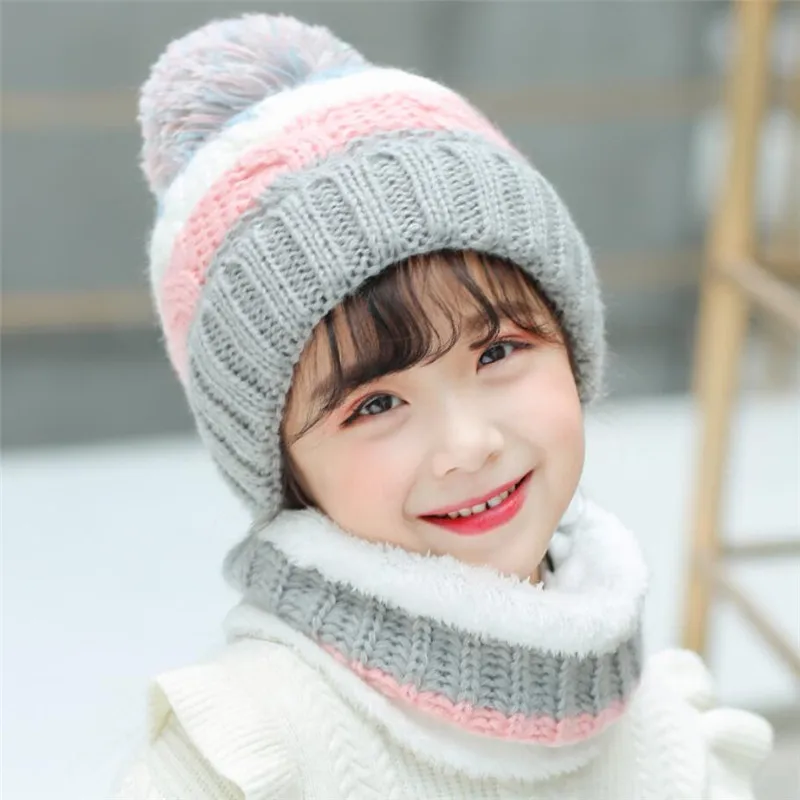 Big Kids Winter Knit Soft Hat and Scarf Set Child Plush Warm Winter Cap Scarves 2024 Girls Patchwork Circular Scarf Hat Frozen