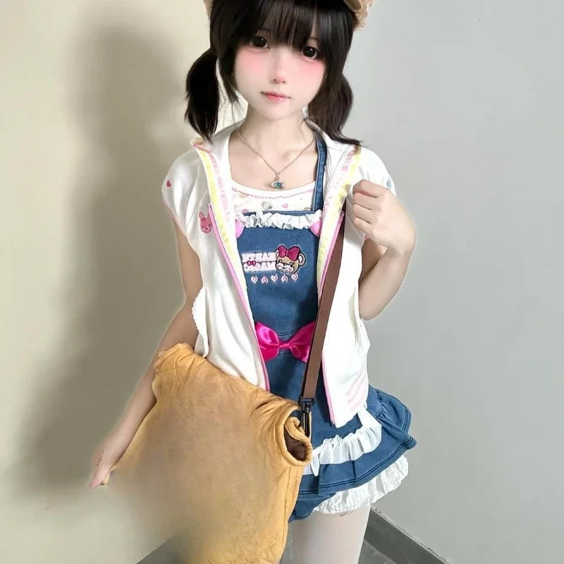 اليابانية Kawaii مقنعين تي شيرت المرأة عادية Y2k المحاصيل القمم لطيف الكرتون تيز Y2k الجمالية الجرونج سستة عادية ​ بلوزات