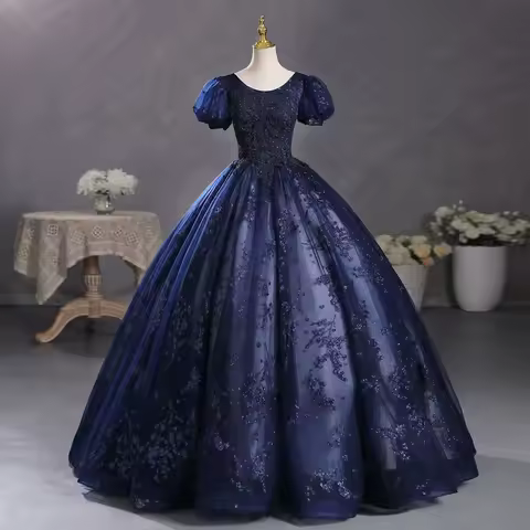 2026new Navy Blue Bubble Sleeve Dress, Student Art Exam Vocal Performance Dress, Fluffy Dress, Annual Meeting Host Evening Dress