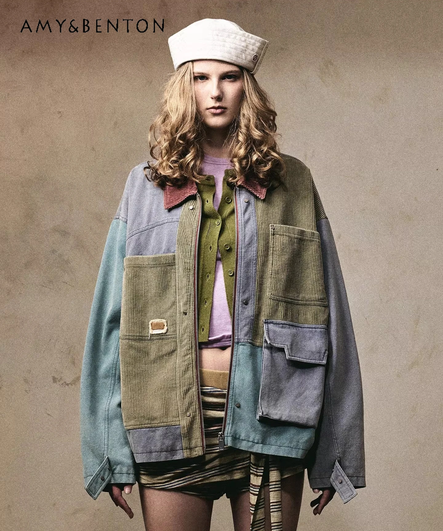 

Spring Autumn American Retro Style Purple Blue Green Patchwork Multi-Pocket Denim Jacket for Women Loose Casual Versatile Jacket