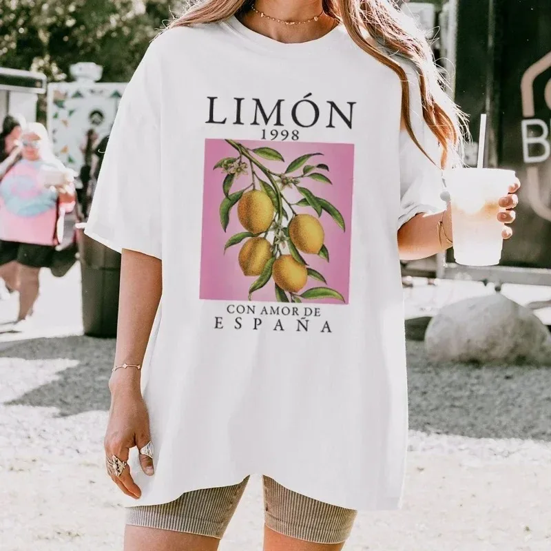Lemon Fruit Print T-Shirts Cotton Women Graphic Tops Oversized Vintage Aesthetic Botanical Streetwear Shirt Cottagecore Clothing