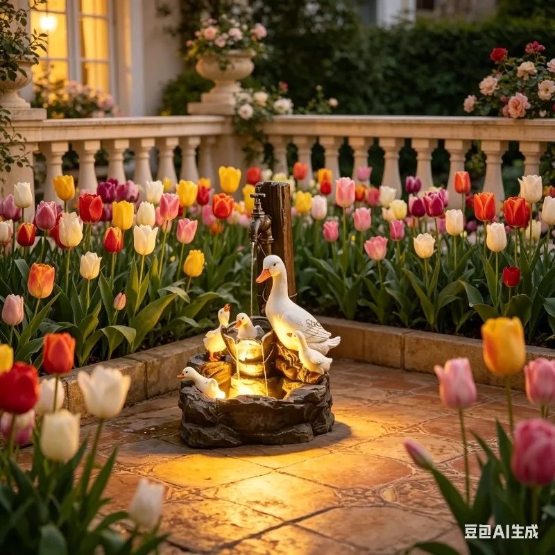 E2 Enten-Solarbrunnen aus Kunstharz mit LED-Beleuchtung für Rasen und Gartendekoration