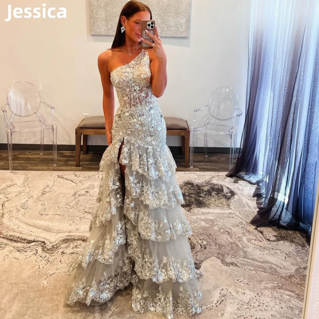 Jessica Silver Glitter Tulle Prom Dresses Luxury Mermaid Evening Dresses Wedding Dress Formal Party Dresses Vestidos De Noche