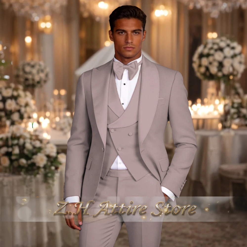 Costume élégant rose pour homme 3 pièces avec veste à revers en satin, gilet et pantalon, ensemble s