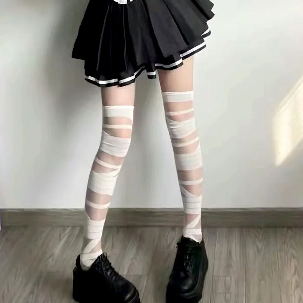 Ultrathin Women Spicy Girl Bandage Stripe Long Stockings Female Japanese Lolita Jk Y2k Sexy Summer Cross Tube White Stockings