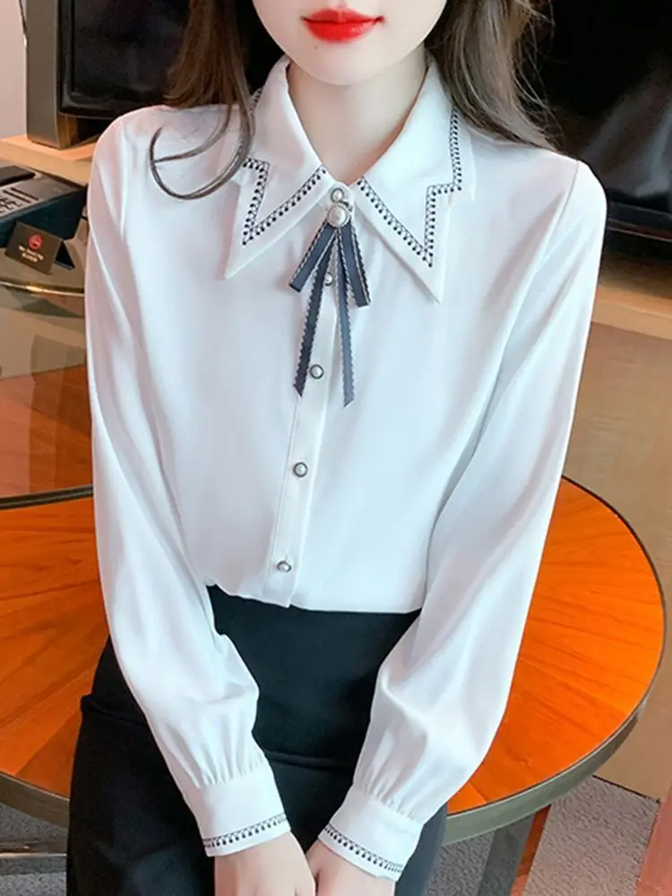 

Chiffon Shirt Women's Pullover Spring and Autumn New Style Bow Tie Tie Small Shirt Loose Long Sleeved Top JJ267