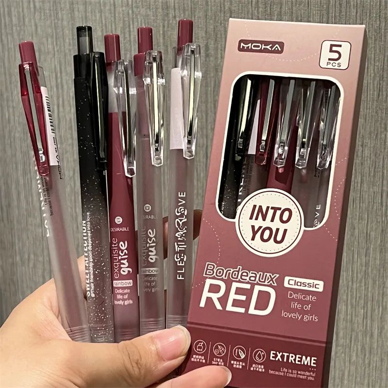 5pcs Kawaii Pens Bordeaux Red Retro Gel Pen Black Ink School Supplies Back To School Japanese Stationery Pen Set Aesthetic