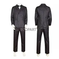 Wednesday Addams Family Gomez Cosplay Costume Wig Men Classic Stripe Suit Tie Uniform Coat Shirt Pants Halloween Clothing 30