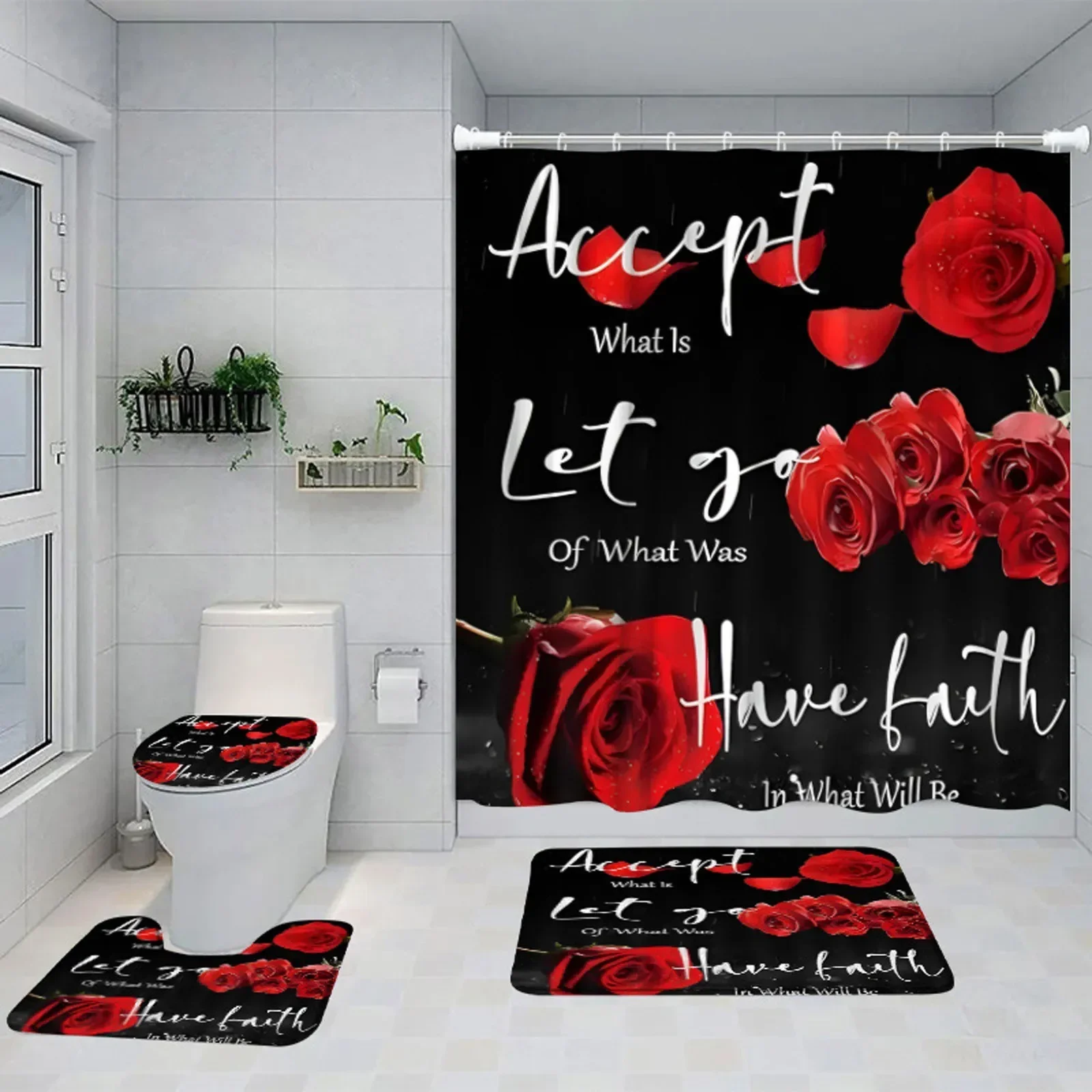 

Вдохновляющий набор для ванны с красной розой: мотивационная занавеска для душа, нескользящий коврик, крышка унитаза, подушка для сиденья, элегантный декор для ванной комнаты