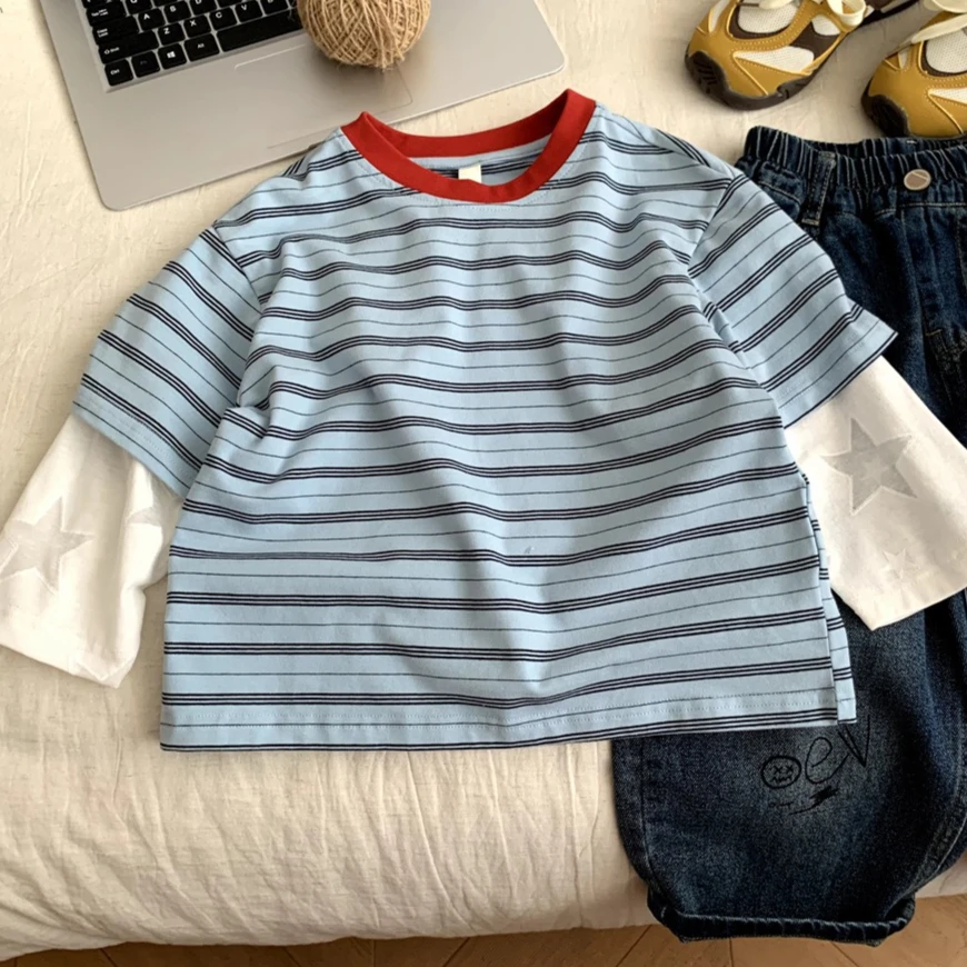 Boys T-shirt 2026 Autumn and Winter New Children's Clothing Korean Style Boys and Girls Loose Casual Striped Splicing T-shirt