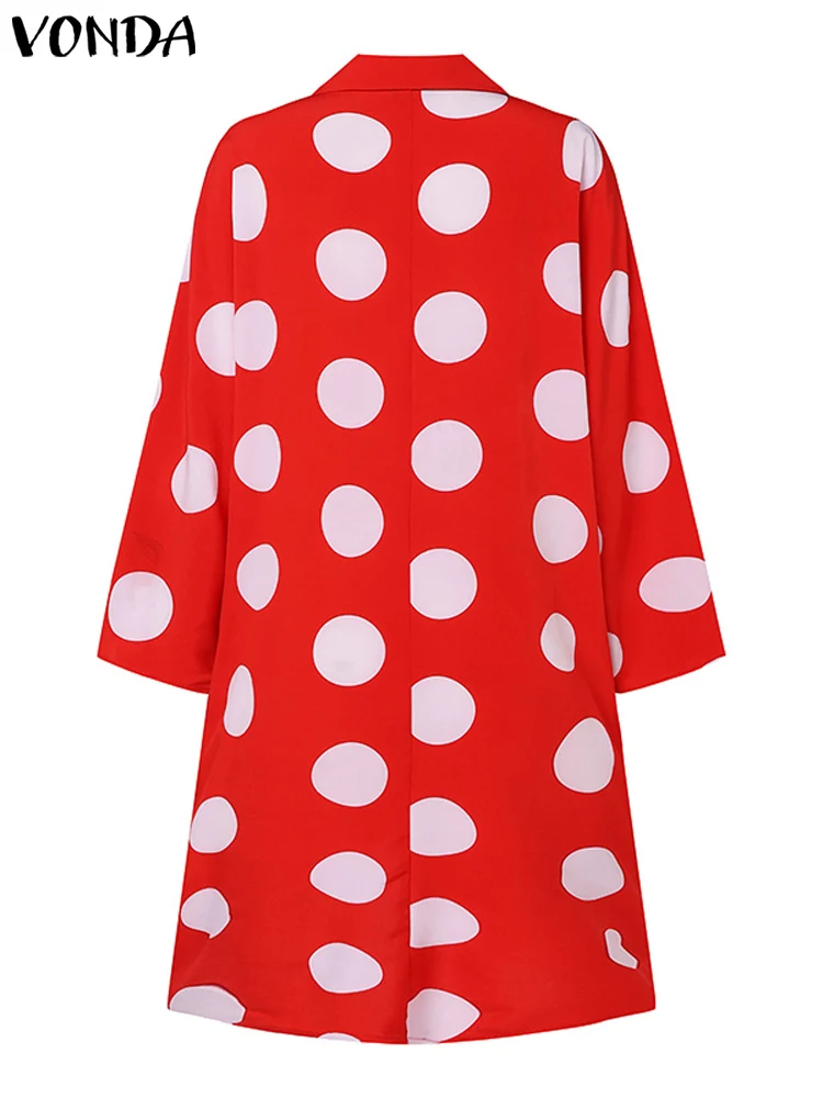 VONDA Plus rozmiar 5XL kobiety nieregularna sukienka 2024 główna ulica Polka Dot Sundress skręcić w dół kołnierz sukienka Party Vestido Casual Robe